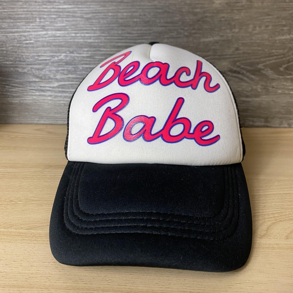 Vintage Beach Babe Hat Cap Snap Back Black White Trucker Mesh Foam Womens Retro